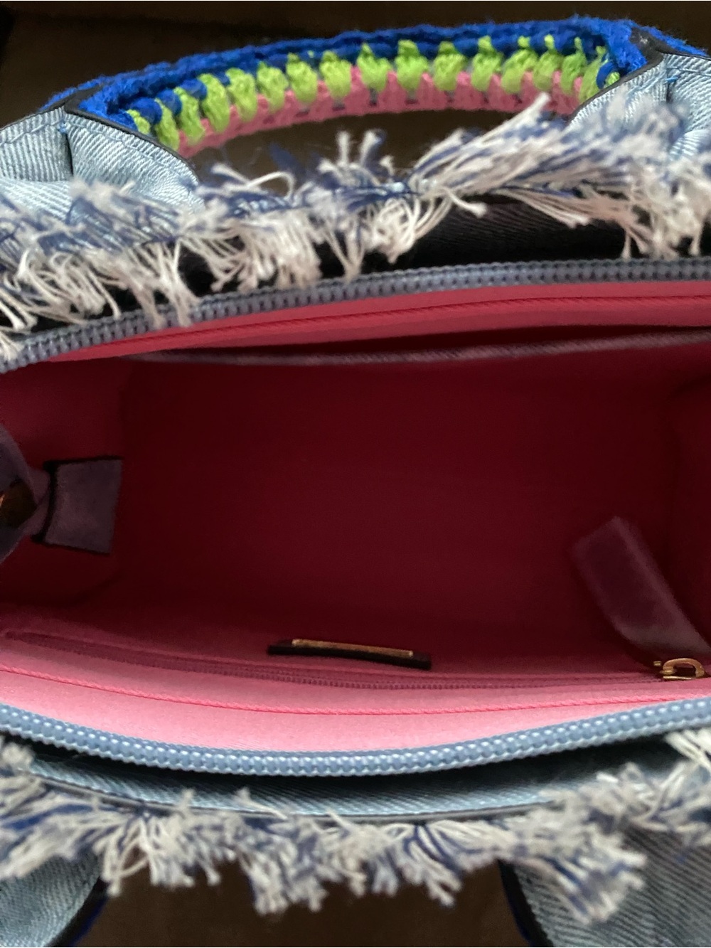 Aldo Denim 'Getaway' Tote with Pink & Green Crocheted Handles - Picture 4 of 5